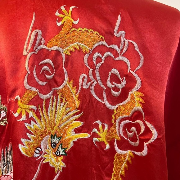 Vintage Dragon Phoenix Embroidered Kimono Robe Red Satin Asian Lounge OS - Picture 6 of 10